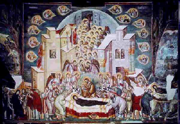  .   13 .       ". "  .  Dormition of the Virgin, fresque by Astrapas and Eutychios, church of St. Clement in Ochrid. 