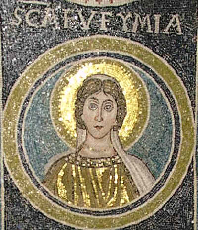 Св. Евфимия Всехвална Прехвална. Византийска мозайка от VI в. Byzantine mosaic of St. Euphemia of the 6th century. Porec, Basilica of Euphrasius. Source: vatopaidi.wordpress.com