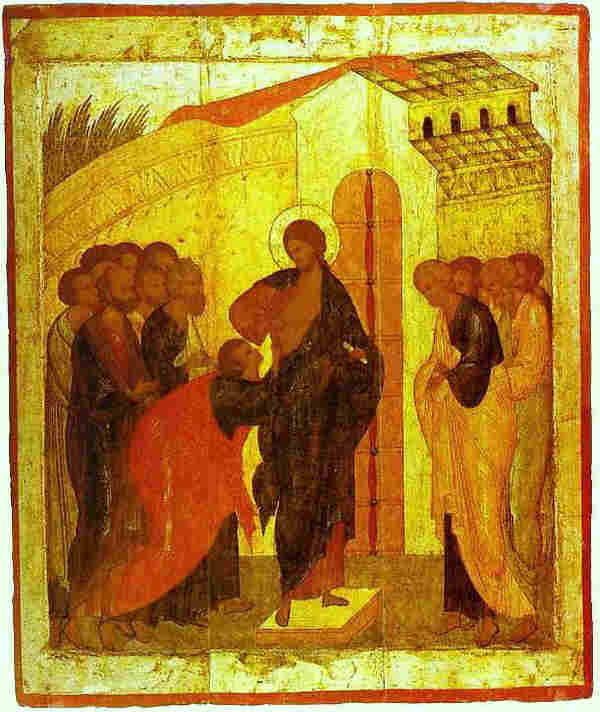  .   . 1500 .   .    . Doubting Thomas, Russian icon, 1500, school of Dionysius, The Tretyakov Gallery, Moscow