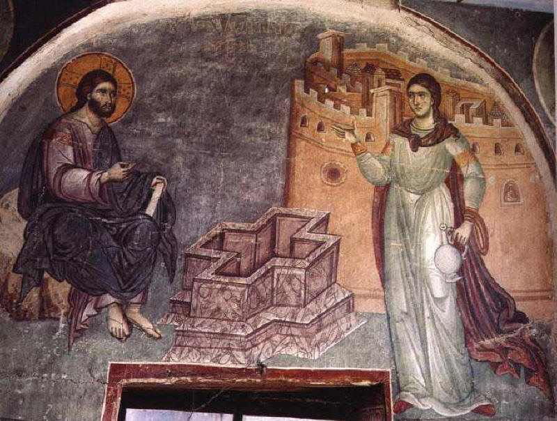 Разговор на Спасителя със Самарянката. Стенопис от 1290 г. в църквата Протата в Света Гора. Източник: svetosavlje.org