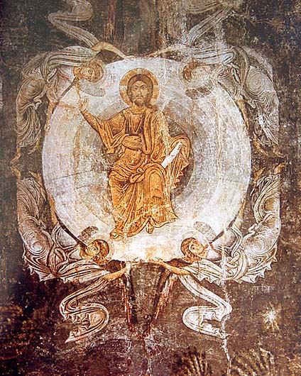 Иисус Христос и четири ангела. Детайл от изображение на Възнесение Христово на купола на църквата Св. София в Охрид, , от нач. на 12 век.