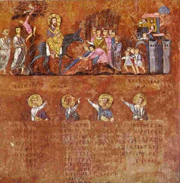 Вход Господен в Йерусалим. Миниатюра по Евангелието от  Росано от VI в. Днес в музея в Росано (Италия)