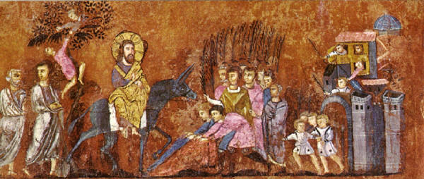 Вход Господен в Йерусалим. Детайл от миниатюра по Евангелието от  Росано от VI в. Днес в музея в Росано (Италия)