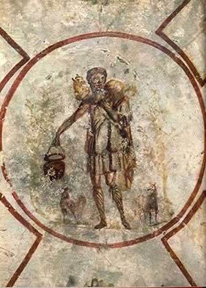 Иисус като Добрият Пастир в катакомбите на Св. Калист в Рим. Fresco of the Good Shepherd in the Catacomb of Callixtus in Rome. 