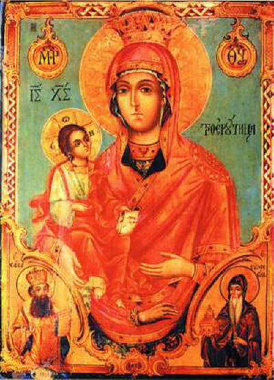 Богородица с Младенеца Троеручица (Одигитрия). Икона от Димитър Зограф