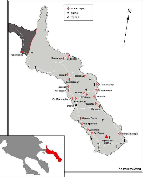 Карта на манастирите, скитовете и градовете в Св. Гора. Източник: ant.md.