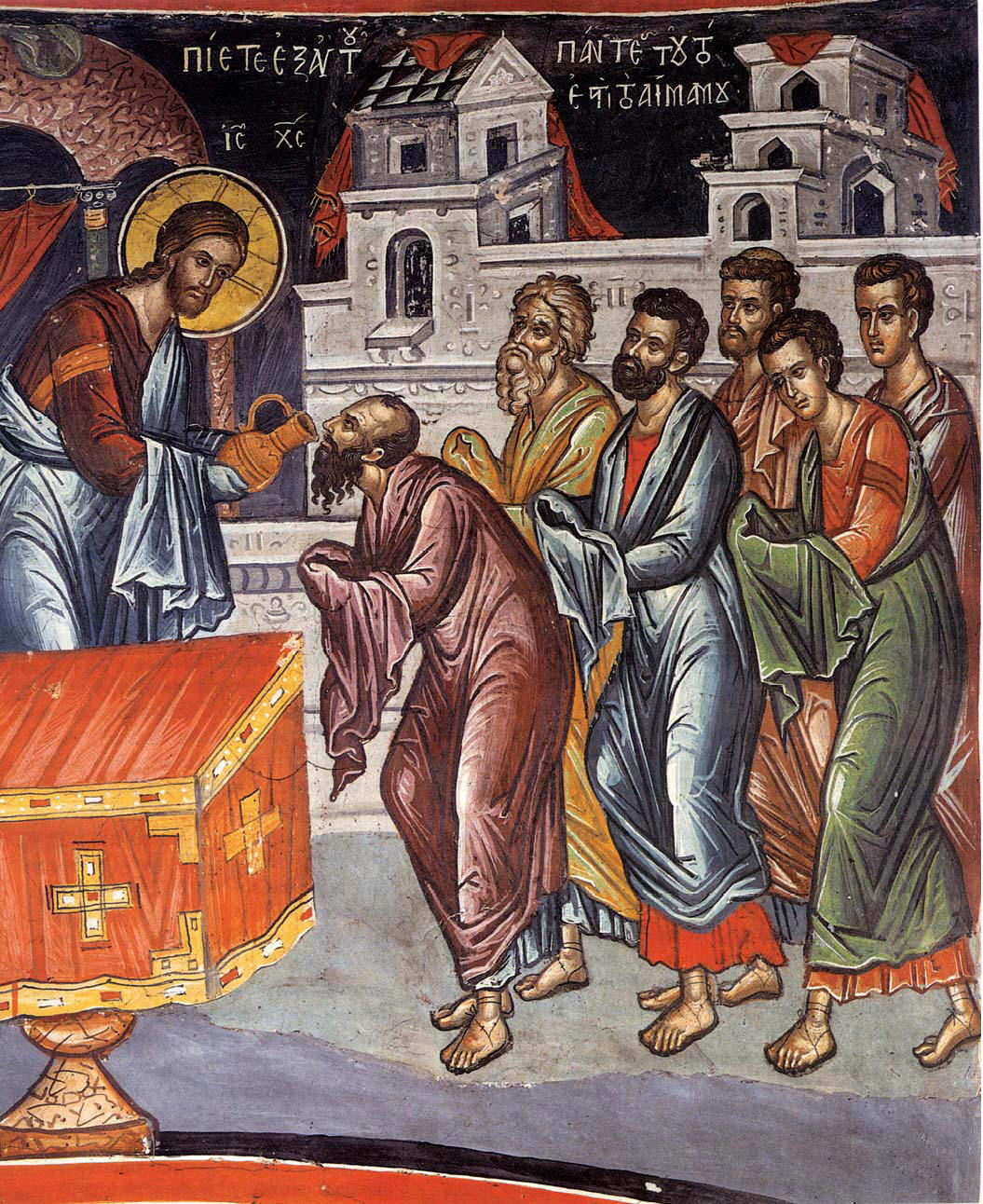 Причастяване на св. апостоли. Стенопис от съборната църква на манастира Ставроникита в Св. Гора Атон. 