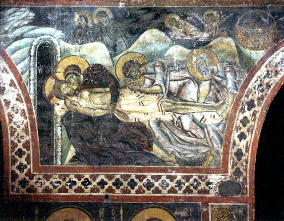 Полагане на Спасителя в гроба. Стенопис от ок. 1180 г. в базиликата "Св. Безсребърници" в Костур. 