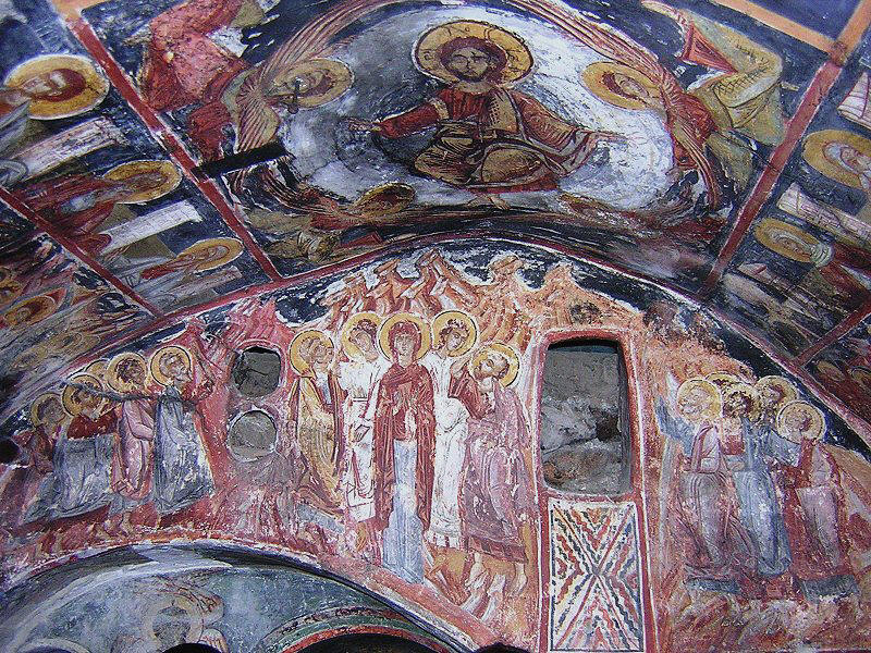 Стенописи от скалната църква в Калище край Струга, Македония. Frescoes from the rock church of Kalishta, near Struga. Source: user Preslav at wikipedia.org