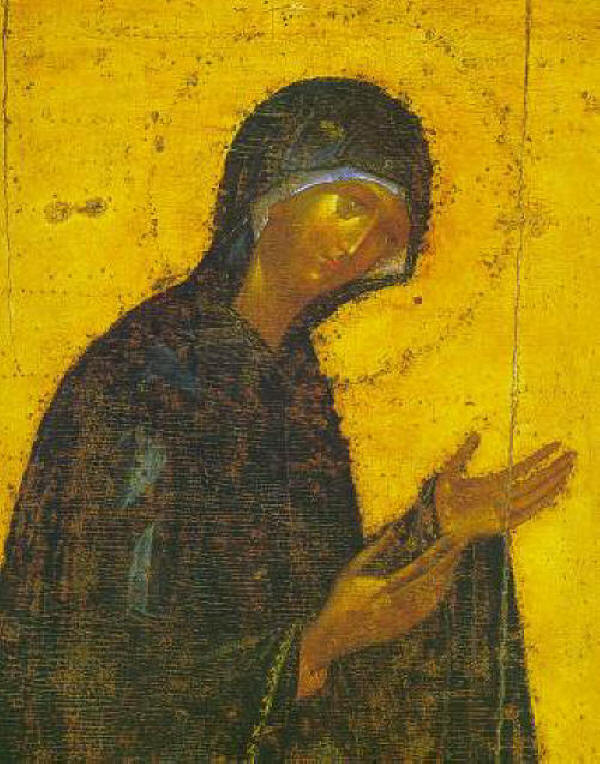 Пресвета Богородица "Агиосоритиса".Детайл от деисусна икона от Теофан Грек (1330 - 1410) от иконостаса на Благовещенския собор на Московския Кремъл