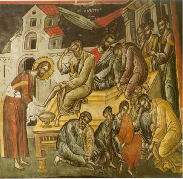 Иисус Христос измива краката на учениците. Стенопис от ср. на XVI в. от Теофан Критски в Манастира Ставроникита