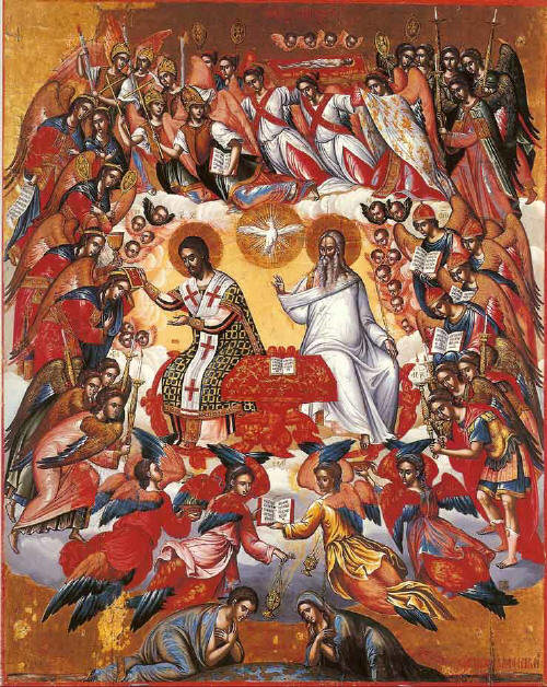Света Литургия. Икона от XVI в. от Микаел Дамаскинос. Holy Liturgy by Michail Damaskinos, Source: hellenica.de