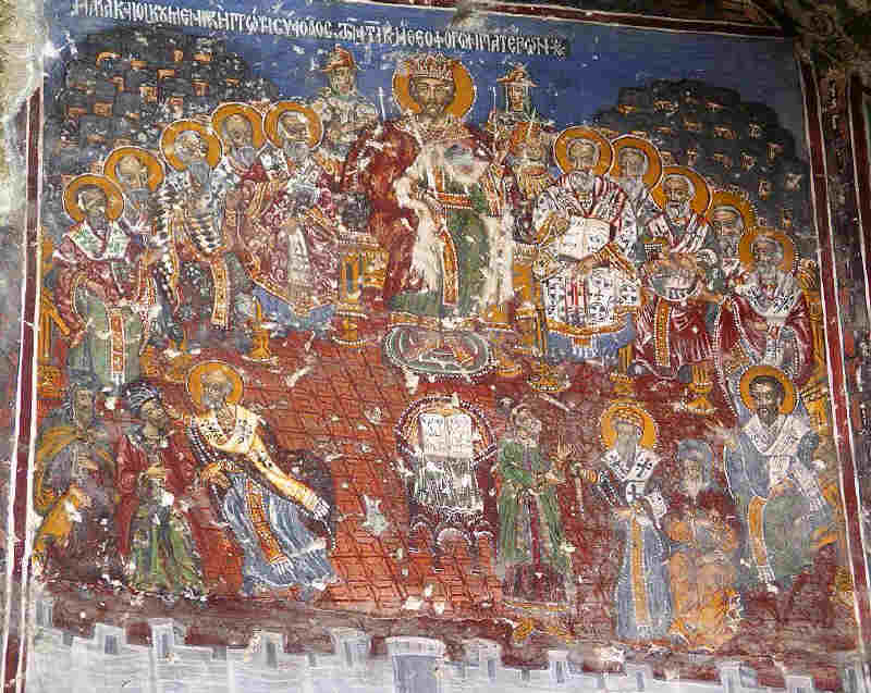Св.  Константин Велики и отците на Първия вселенски събор в Никея. Фреска в манастира Панагия Сумела (Sumela Monastery) в Турция. Снимка: ufukdonmez.