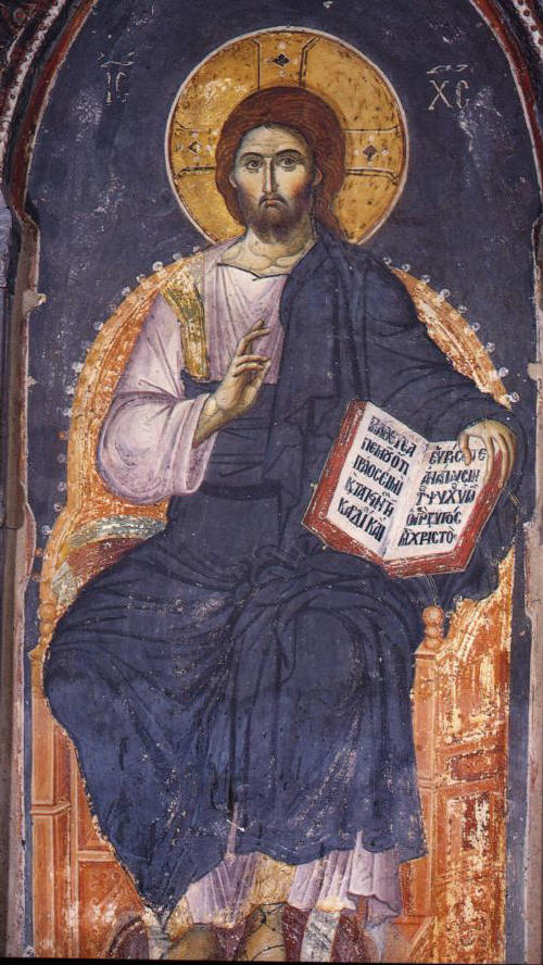 Иисус Христос. Фреска от 1290 г. от Мануил Панселинос в църквата Протата в Света гора. Източник svetosavlje.org