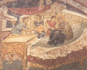 Рождество Богородично - фреска от началото на XIV век, катедралата в Призрен, Косово. [sv-luka.org]