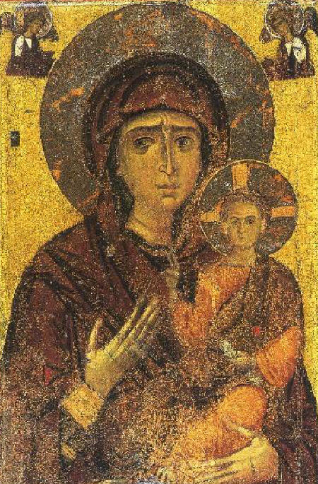 Богородица с Младенеца Одигитрия. Икона от XIII в., днес в Византийския музей в гр. Костур (Kastoria), Гърция. Източник: myriobiblos.gr