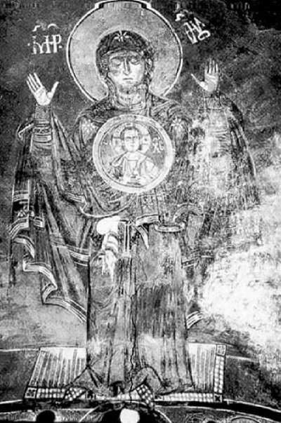 The Holy Virgin Oranta. A XII fresco wall-painting in "Nereditsa" Church near Novgorod, Russia.