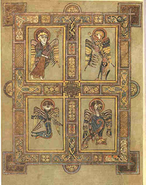 Символите на четиримата евангелисти - Матей, Марко, Йоан и Лука, изобразени в ръкопис на Евангелията в т.н. "Книга на Келс" "Book of Kells") от ср. на VIII век, Ирландия
