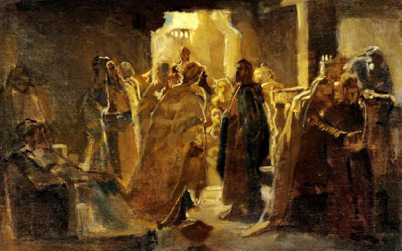 Иисус Христос в синагогата. Рисунка от Николай Николаевич Ге (1831-1894). 