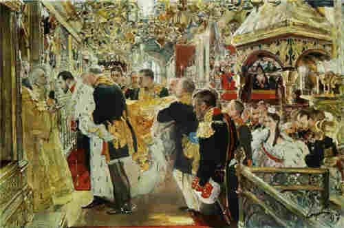 Коронация. Миропомазание на Николай II в Успенския собор. Картина от 1896 г. от Валентин Александрович Серов. 