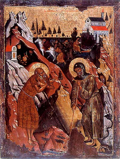 Св. Антоний с друг пустинноживеещ, икона от 16 в.