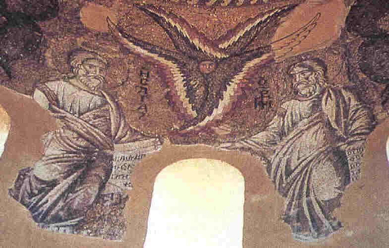Св. пророци Исайа и Йеремия. Мозайка от ок. 1294 г. в купола на църквата Theotokos Paregoritissa, Arta, Гърция. 