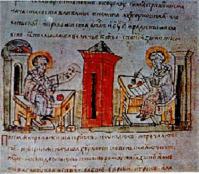 Свв. Кирил и Методий, миниатюра в летопис от XV в.