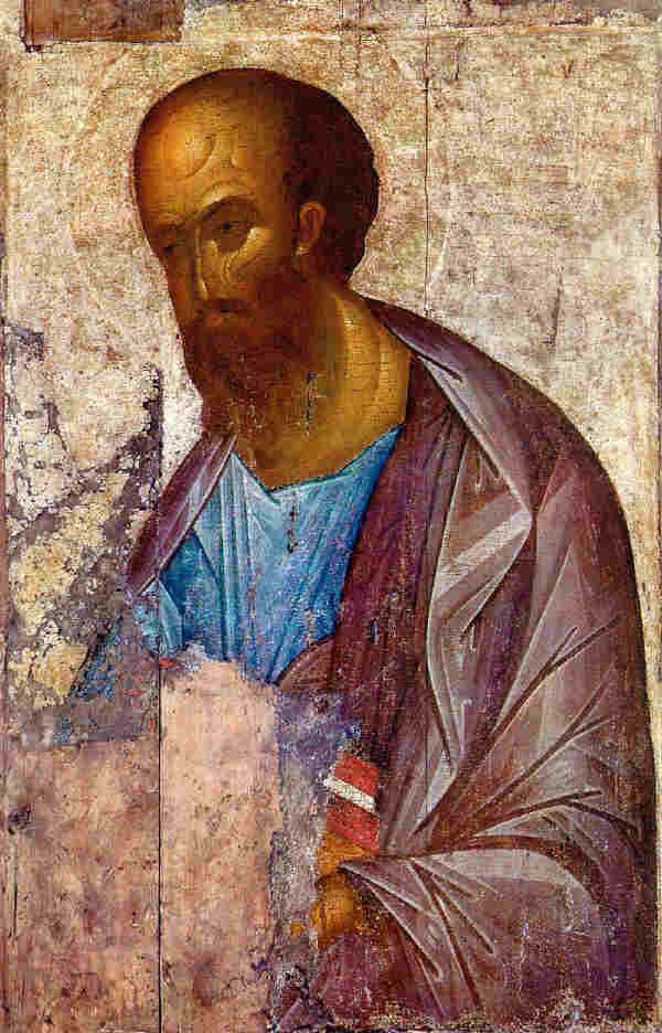 Св. апостол Павел. Икона от Св. Андрей.Рубльов от 1410 г. Днес в Третяковската галерия в Москва.