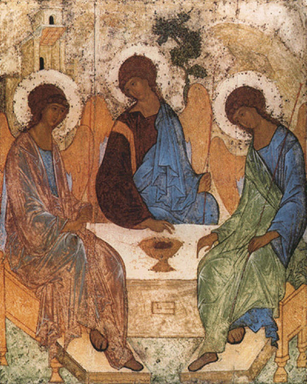 Посещението на Авраам (т.н. Старозаветна Троица). Икона от преп. Андрей Рубльов в Свето-Троицевата Сергиева Лавра в Русия. 