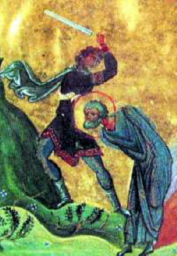 Сцена с посичането на св. Дасий Доростолски. Миниатюра от месецослова на Василий ІІ от началото на ХІ в. 