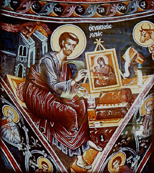 Св. евангелист Лука рисува св. Богородица. Стенопис от XVIII в., параклиса "Св. Иван Рилски" в Хилендарския манастир в Света Гора