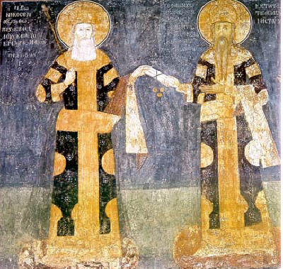 Св. крал Стефан Милутин и император Андроник, фреска от 1319 г.  от Хилендарския манастир. Източник: days.ru