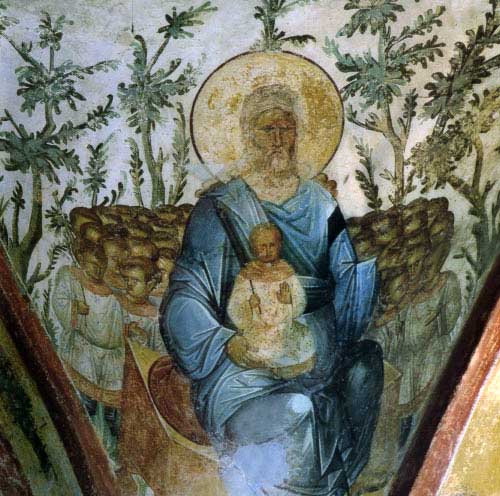 Лоно Авраамово. Фреска от Манастира Хора (Кахрие Джами), Константинопол. Праведният Лазар (Лк 16: 19-31) в Лоното на Авраам, окръжен от душите на праведниците.