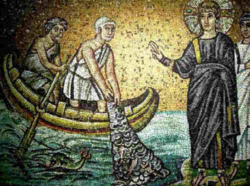 Господ Иисус Христос призовава св.ап. Симон (Петър) и Андрей Първозвани. Мозайка от VI в. от Равена