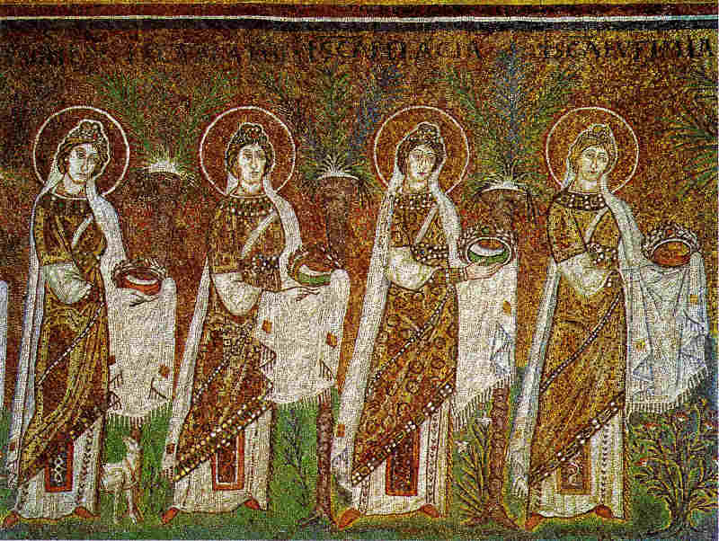 Шествие на жени-мъченици. Мозайка в църквата "Св. Аполинар" в Равена. A procession of female martyrs in Sant' Apollinare in Ravenna. Source: Counterlight's Peculiars