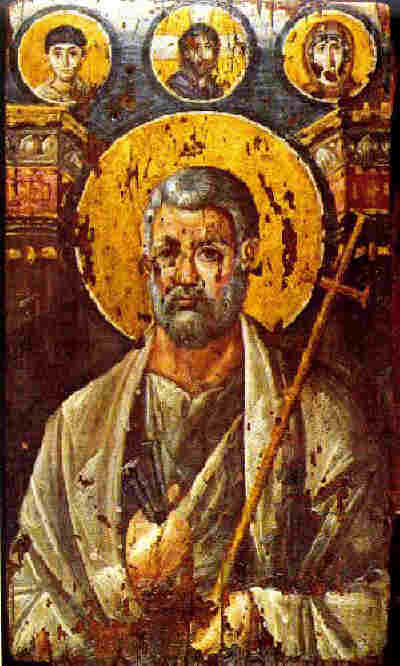 Св. ап. Петър, икона от VI-VII в., манастира "Св. Екатерина" в Синай. Над апостола: св. Мина, Иисус и св. Богородица. 