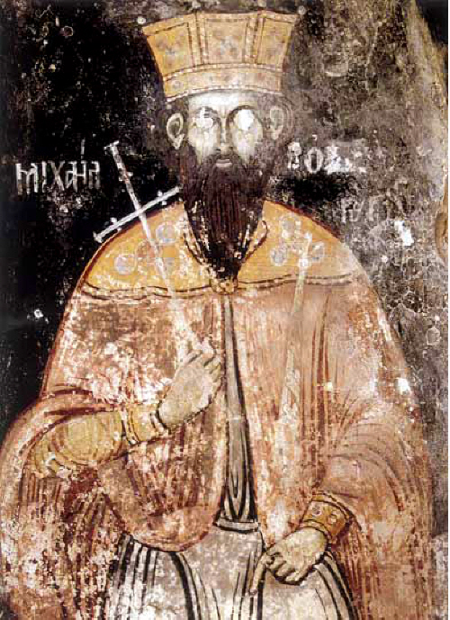 Св. цар Борис-Михаил, стенопис в манастира "Св. Архангели" ("Св. Наум",  ІХ век) на Охридското езеро, чийто ктитор е княз Борис І. Прерисуван от зограф Търпо през 1806 година.