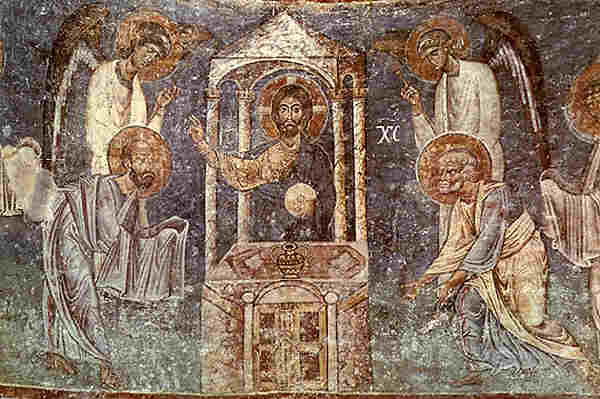 Причастието на апостолите. Детайл от стенопис от 1037-1056 г. от Охридската църква "Св. София" (Agia Sophia in Ochrid, Macedonia). Източник: macedonian-heritage.gr